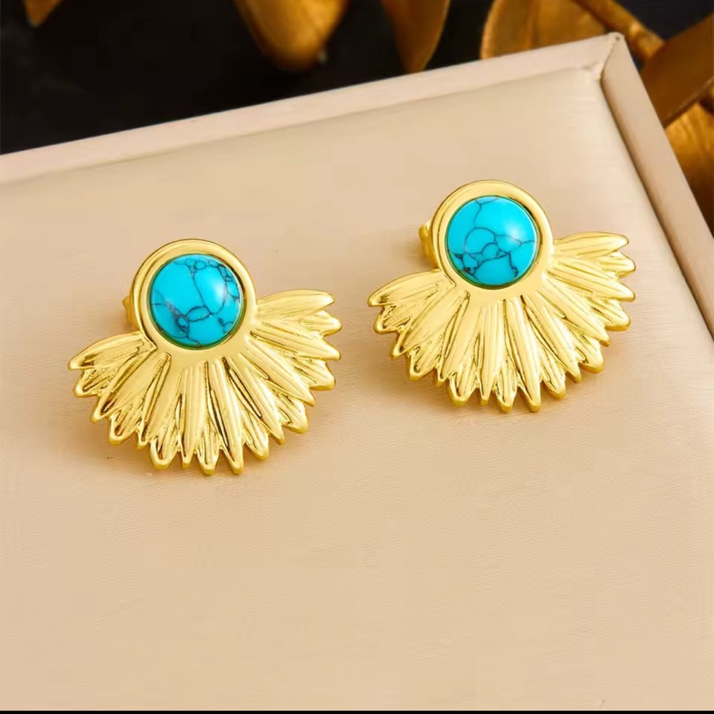 Radiant 18k Gold plated steel and Turquoise Fan Earrings